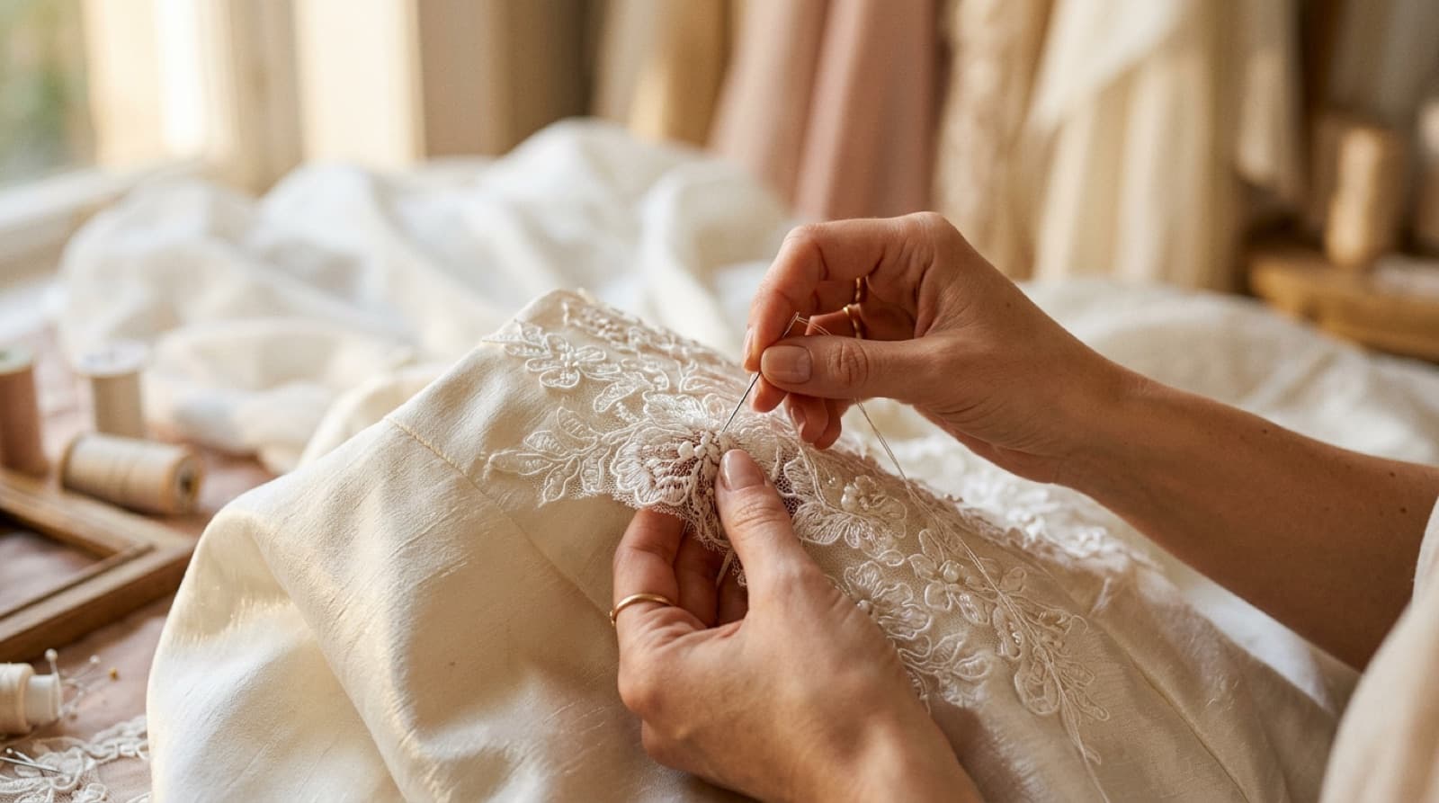 Hands hand-sewing lace appliqué onto an ivory bridal gown