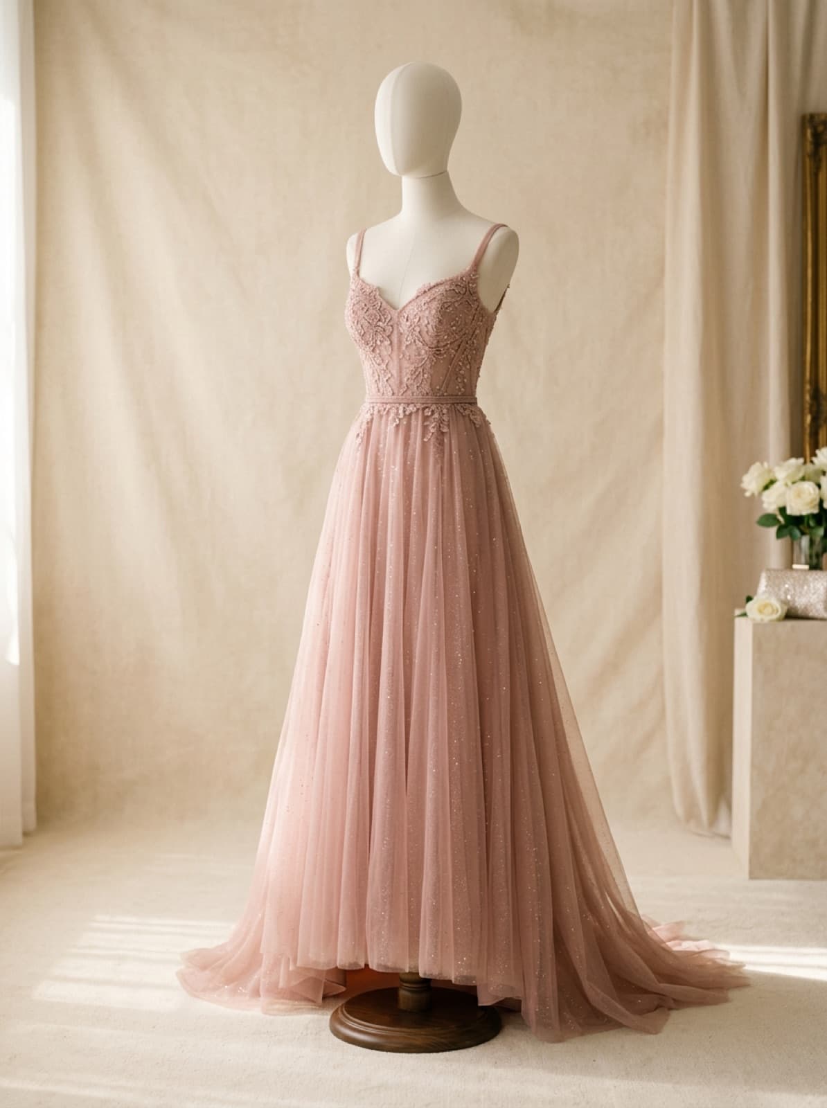 Floor-length formal prom gown being fitted in the studio