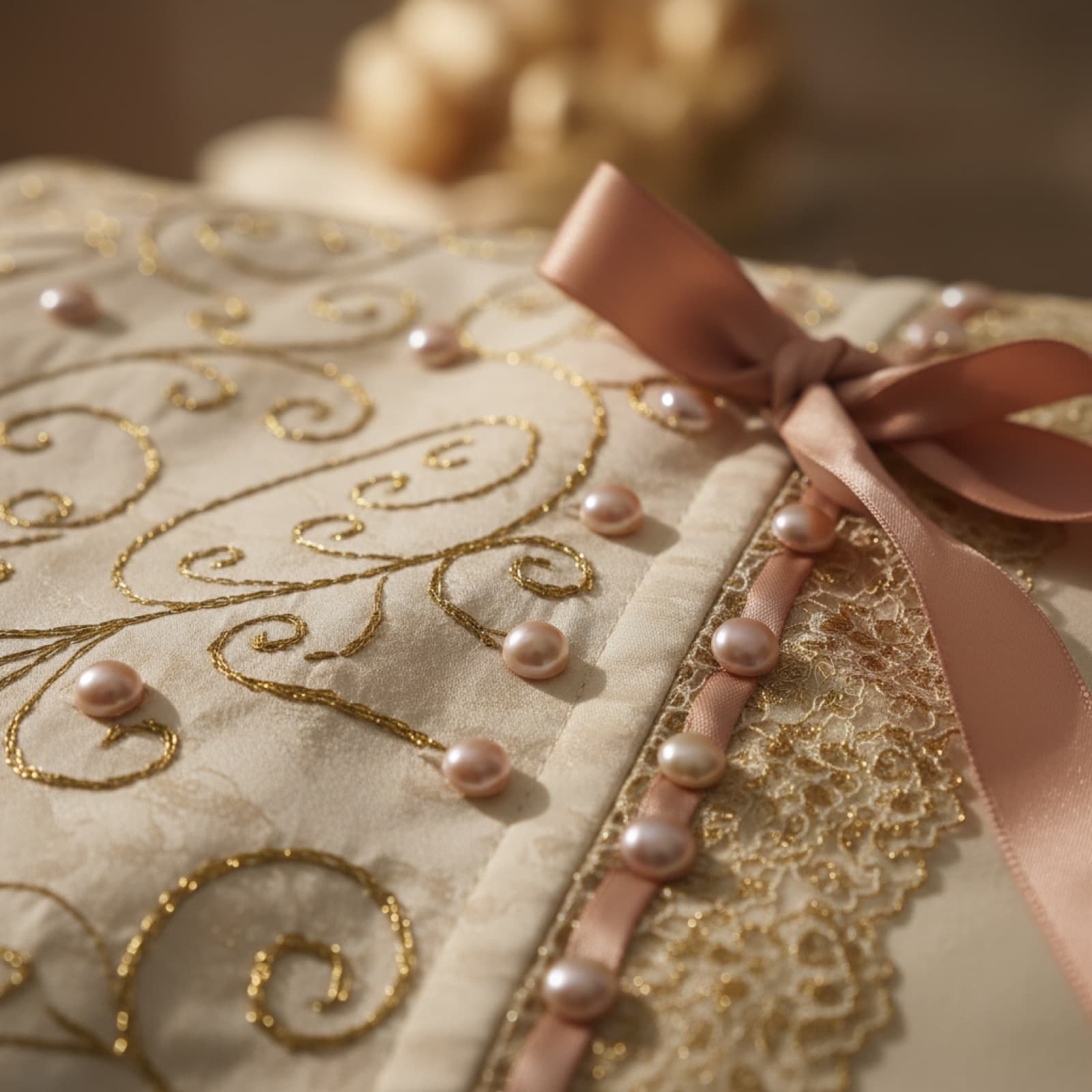 Close detail of hand-stitched lace appliqué
